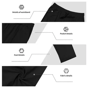 Detailansichten der lässigen schwarzen Sporthose für Herren mit Bund und Stoffstruktur