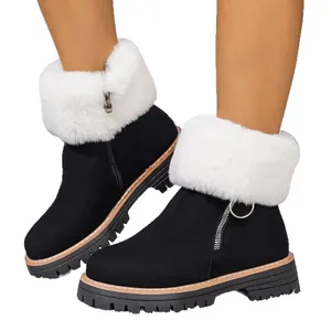 Stylish black winter ankle boots with white faux fur trim and thick platform soles.