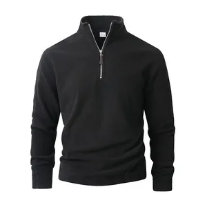 Men's thick black fleece sweatshirt featuring a half-zip stand collar and warm texture