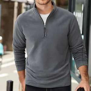 Classic men's grey half-zip fleece pullover with stand collar for outdoor wear