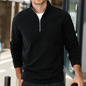 Men's warm thick fleece half-zip sweatshirt with stand collar in solid black color
