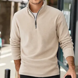 Men's solid color thick fleece quarter-zip sweatshirt with stand collar for autumn