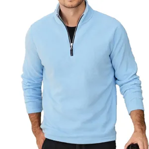 Premium men's light blue polar fleece pullover sweatshirt with half-zip stand collar design