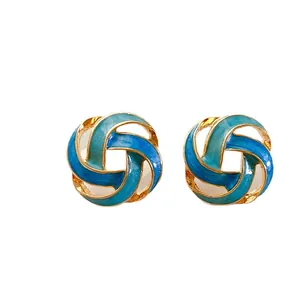 Vintage Hong Kong style round hollow blue enamel stud earrings with 925 silver needles