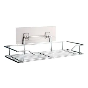 Rectangular stainless steel wall-mounted shelf storage rack with adhesive pad for bathroom