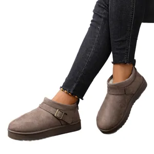 Cozy brown suede snow boots for women featuring stylish buckle strap and thick warm fur lining