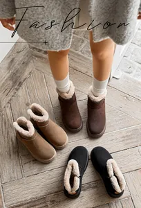 Detailed view of women's thick-soled short snow boots in three colors with fur lining