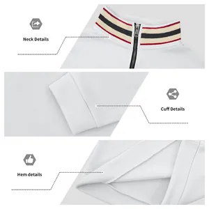 Detailweergave van witte herensweatshirt met halve rits, gestreepte kraag en fleecevoering