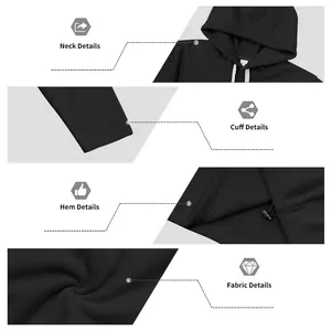 Detailopname van de stof en zoom van een zwarte fleece hoodie voor heren