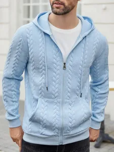 Light blue men's zip-up hooded sweatshirt featuring a unique cable-knit quilted texture