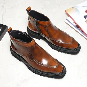 Bottines Chelsea Homme Cuir Véritable Brogue Britannique Sculpté Bout Pointu Fermeture Éclair Latérale Augmentation Taille