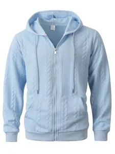 Detailed view of the cable-knit pattern on this light blue men's zip-up hoodie