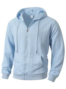 Detailed view of a light blue zip-up hoodie featuring a textured cable knit pattern for men