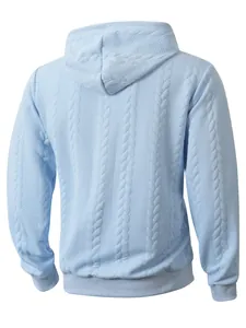 Detailed back view of men's light blue hoodie with jacquard cable knit texture