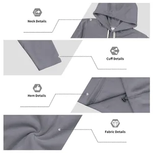 Detailweergaven van grijze fleece hoodie voor heren met nek-, manchet- en stofdetails.