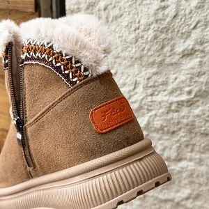 Brown suede snow boots with ethnic embroidery and thick soles for winter fashion