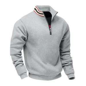 Zware grijze heren sweater met halve ritssluiting en gestreepte opstaande kraag