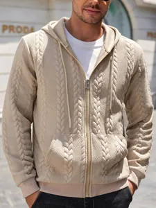 Macro view of beige cable knit texture on a men's casual sport zip-up hooded sweatshirt
