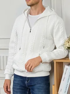 Detailed view of a mens white cable-knit zip-up hoodie featuring textured weave pattern