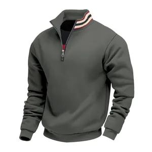 Warme herensweatshirt met halve rits en gestreepte opstaande kraag in donkergrijs.