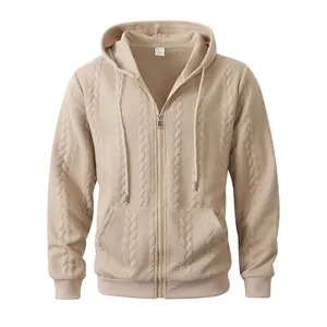Detailed texture view of men's beige cable-patterned zip-up hoodie sweater