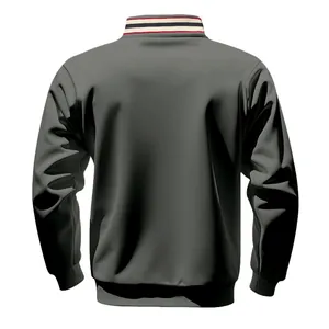 Achteraanzicht van zwaar grijs heren sport sweatshirt met gestreepte kraag accenten