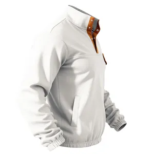 Vista lateral de sudadera de forro polar para hombre con cuello alto naranja y bolsillo.