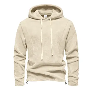 Warme heren fleece hoodie in beige met verstelbaar koord in de zoom