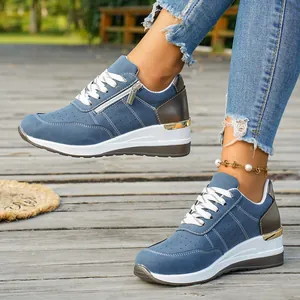 Stylish women's blue patchwork wedge sneakers with thick sole and side zipper.