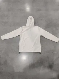 Back view of a white polar fleece hoodie with adjustable drawstring hem for men.