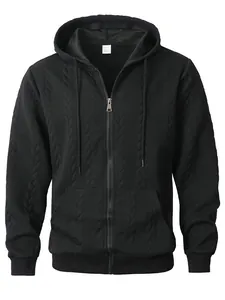 Men's casual black zip-up hoodie featuring a unique cable knit texture and hood.