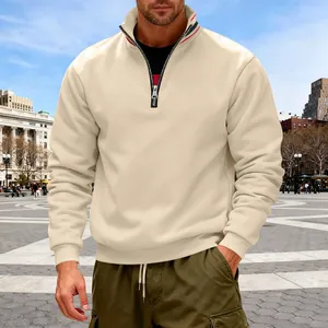 Zware heren fleece sweatshirt met halve rits en warme opstaande kraag in beige kleur