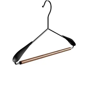 High-end solid wood and metal clothes hanger featuring wide seamless shoulder pads.
