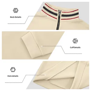 Details van zware fleece sweatshirt met halve rits, gestreepte nek, manchet en zoom