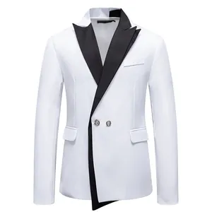 Modern white slim-fit men's blazer featuring stylish black peaked lapels for formal events.