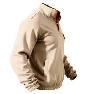 Vista lateral detallada de un jersey de forro polar caqui para hombre con cuello levantado