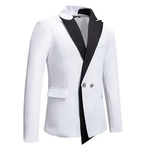 Elegant slim fit white blazer for men featuring stylish black lapels and a unique asymmetrical hem