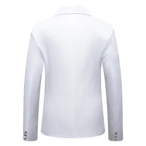 Back view of a sleek white men's slim-fit blazer with triple-button cuff details.