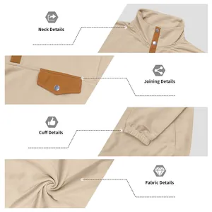 Detalles del cuello, bolsillo, puño y textura de tela de la sudadera polar de hombre