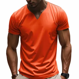 Detailed view of men's orange V-neck quick-dry t-shirt showing fabric texture