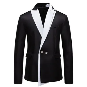 Slim-fit black suit jacket for men featuring a striking white contrast shawl lapel design.