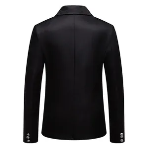 Back view of a slim-fit black business suit jacket featuring silver cuff buttons