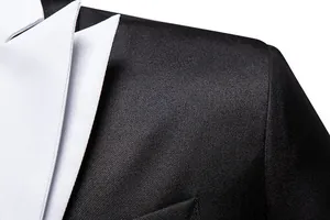 Close-up of black tuxedo lapel and shoulder showing high-quality fabric texture.