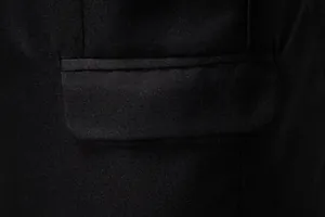 Close-up detail of a black business suit blazer pocket showing fine fabric texture