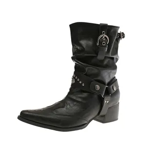 Bottes western noires à bout pointu pour femmes avec clous, boucles et talon épais