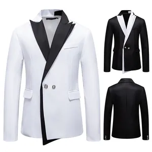 Fashion Men Contrast Color Slim Fit Blazer Chlorofibre Polyester Rhinestone Buttons Formal Suit Top For Wedding Performance Banquet