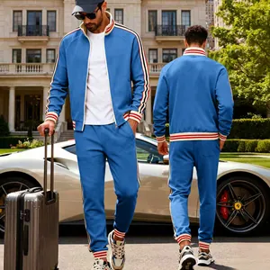 Detailed view of men's heavy fleece blue tracksuit set featuring sporty striped ribbing