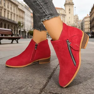 Stylish red suede ankle boots for women featuring chunky heels and double side zippers.