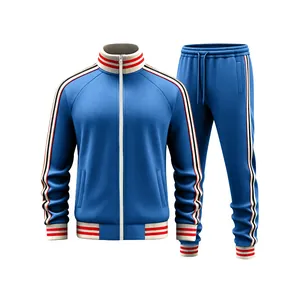 Front view of blue men's fleece tracksuit with striped sleeve and collar details