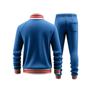 Back view of blue heavy fleece men's varsity tracksuit set with striped ribbing